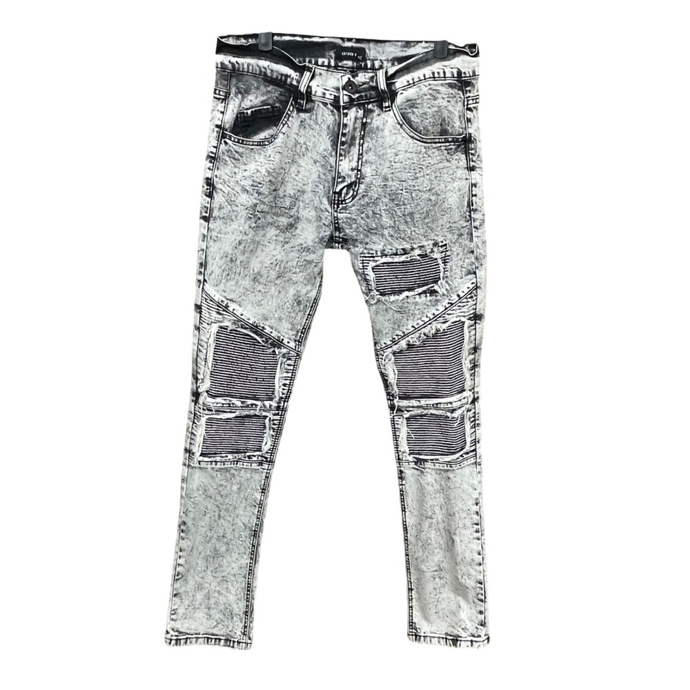 Kayden K Grey Acid Wash Slim Moto Jeans Mens 32 Distressed Biker Streetwear